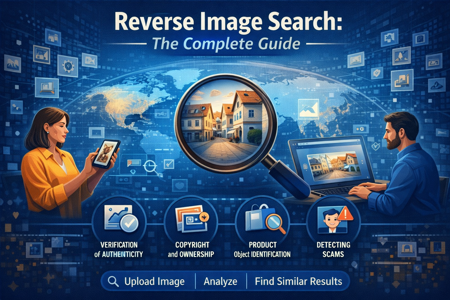 A visual guide explaining reverse image search, showing image verification, copyright detection, object identification, and scam detection using AI technology.