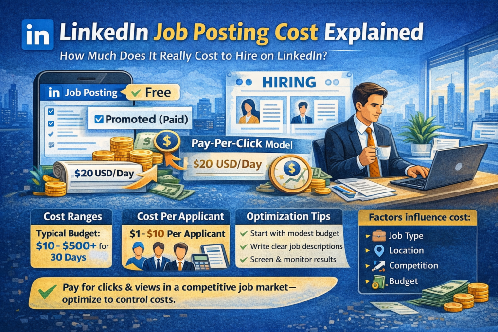 illustrating LinkedIn job posting costs, including free vs paid posts, pay-per-click model, typical cost ranges, cost per applicant, optimization tips, and key influencing factors.
