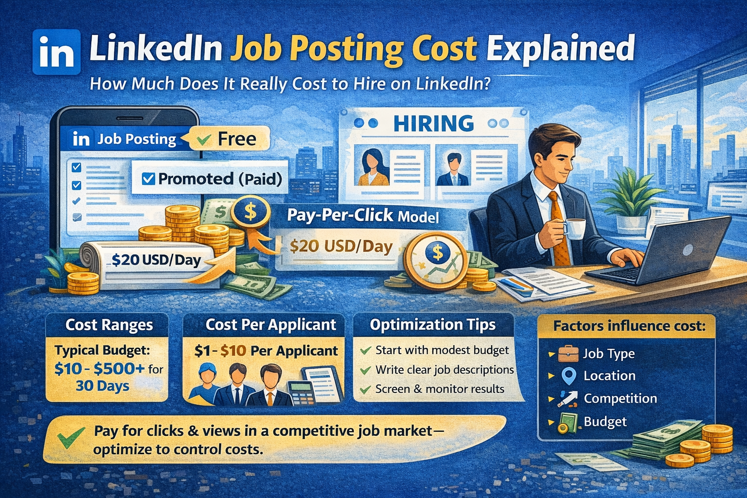 illustrating LinkedIn job posting costs, including free vs paid posts, pay-per-click model, typical cost ranges, cost per applicant, optimization tips, and key influencing factors.