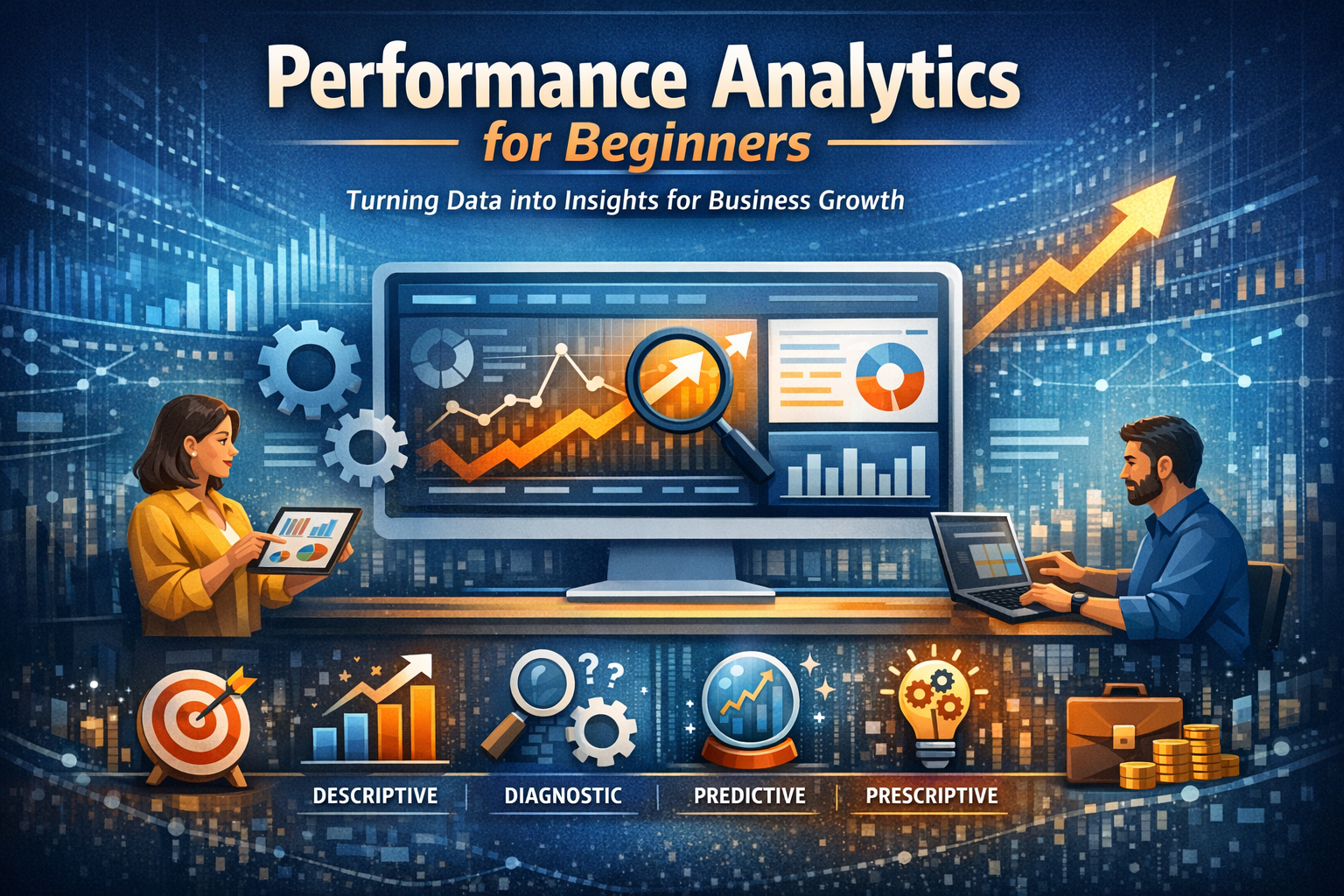 Performance analytics dashboard showing data trends, KPIs, predictive insights, and business growth analytics for decision-making.