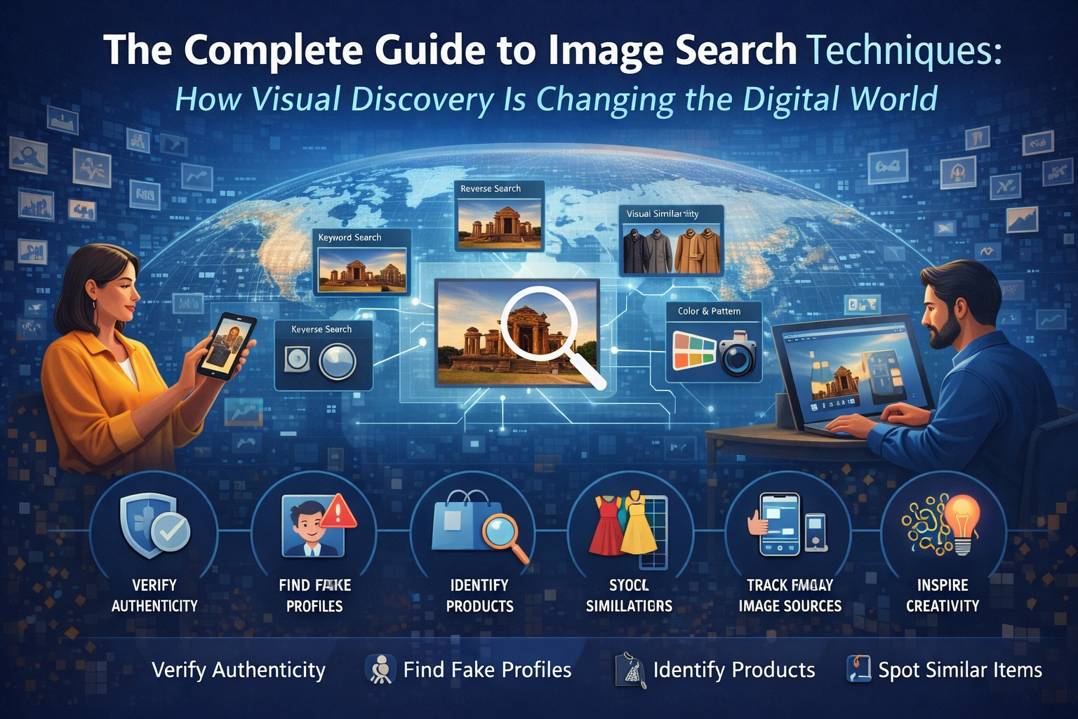A digital illustration showing reverse image search technology, visual recognition, and image verification using AI to identify photos, products, and online sources.
