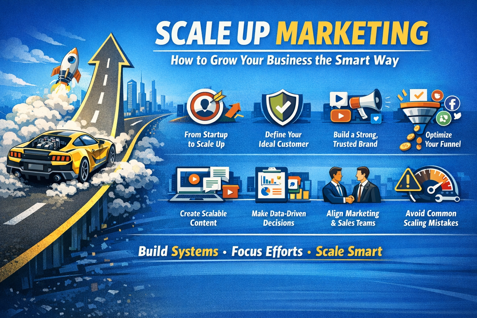 Scale up marketing infographic showing business growth strategies, brand building, content scaling, data-driven decisions, and funnel optimization.